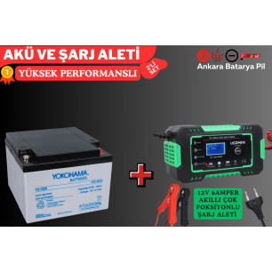 YOKOHAMA 12V 26 AH VE Ucomen 12V 6A LED Göstergeli Akü Şarj Cihazı YOKOHAMA 12V 26 AH VE Ucomen 12V 6A LED Göstergeli Akü Şarj Cihazı